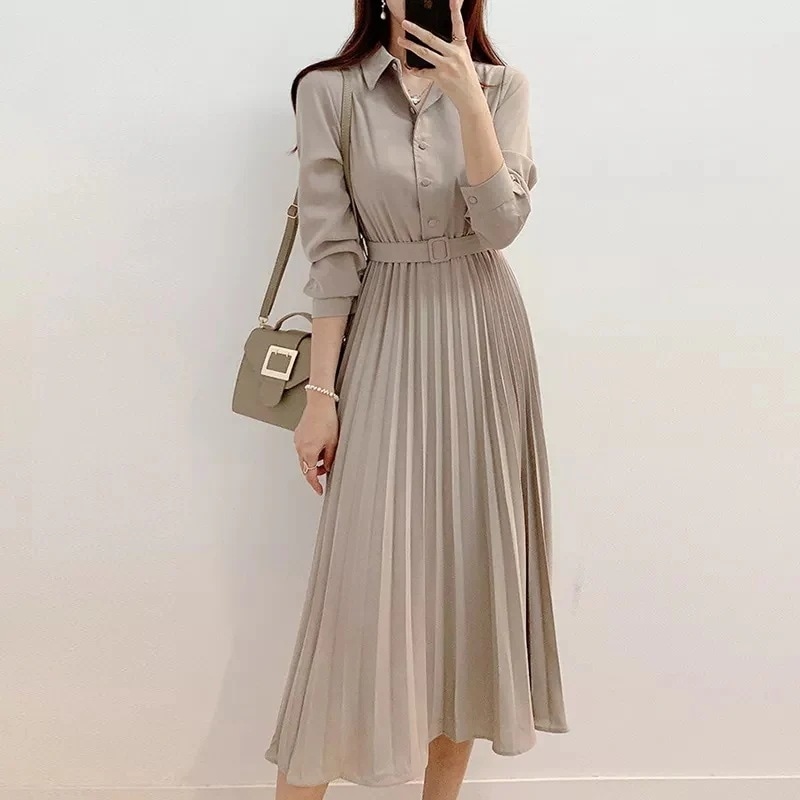 【今季注目】 秋服 無地 ベルト付き ハイウエスト POLOネック ボタン Aライン シャツ カジュアルワンピース