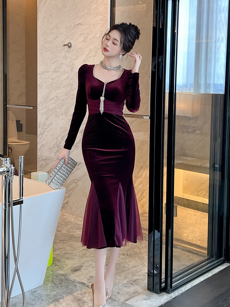 【JY.上品】 2025冬新品 ベルベット レトロ マーメイド ドレス パーティー キャバ 大人 同窓会 披露宴 卒業式 結婚式 演奏会 ウェディング 二次会 メガ割