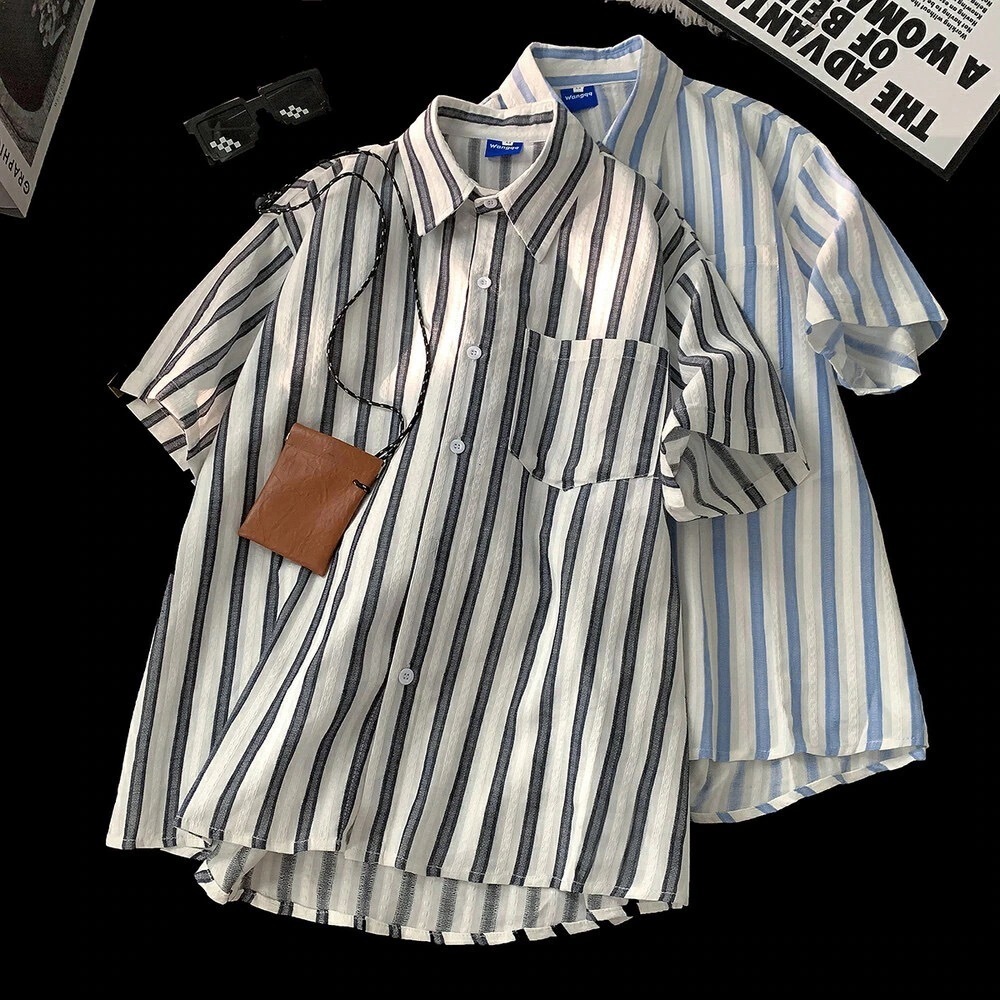 ゆったりメンズ半袖シャツ男子大学生文学和風縦柄チェック柄シャツコーデ着用