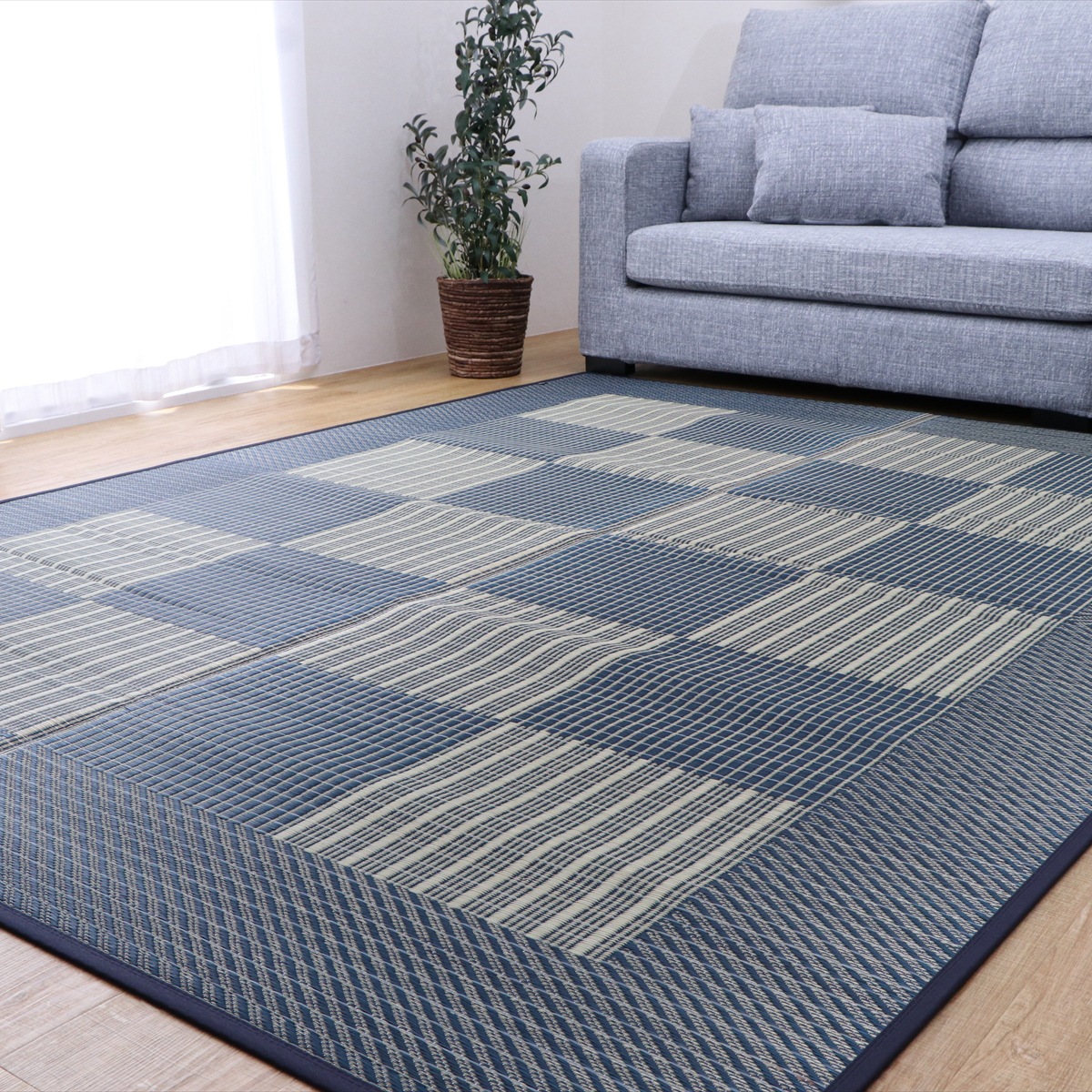 【I】【代引不可】イケヒコ 国産い草ラグ カーペット Fライト 滑り止め付 ブルー 約191×191cm 8212420【北海道・沖縄・離島不可】【代引不可/沖縄・離島不