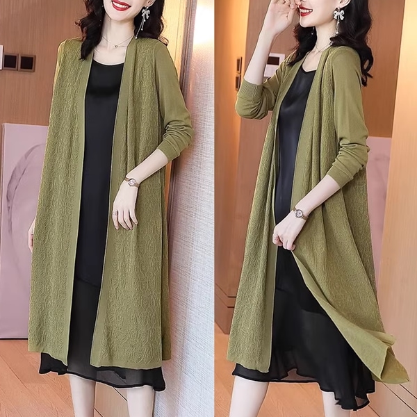 ニットカーディガン レディース トップス カーディガン コート アウター 上着 ロング 長袖 Vネック 襟なし ノーカラー セミフレア 細身 Aライン シンプル フェミニン スレッド ポケット