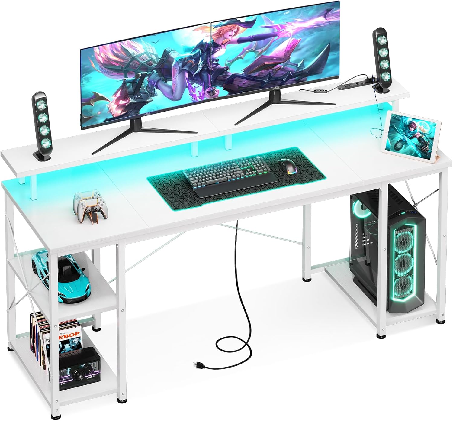 パソコンデスク コンセント&LED付き 机 pcデスク 幅160cm 両側ラック&モニター台付き 勉強机 ゲームデスク computer desk ワークデスク オフィスデスク 長机 左右入れ替え対応