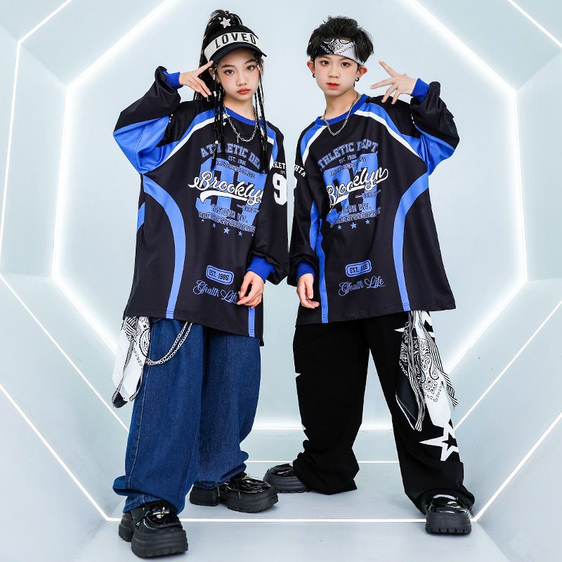 街舞児童潮服青黒演出服男児スーツhiphop女児ドラム衣装元日演出服