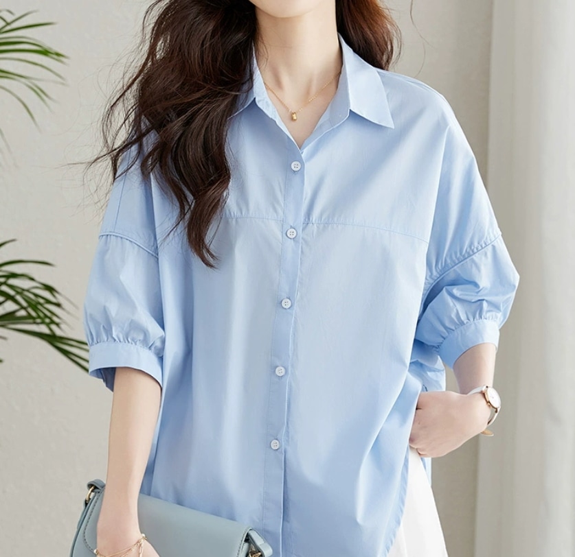 トップス ブラウス ビューティー ぽわん袖 多用途 袖あり 半袖 襟付き 角襟 ストレート コットン かわいい 大人可愛い きれいめ シンプル カジュアル 大人 上品 おしゃれ お洒落 かっこいい