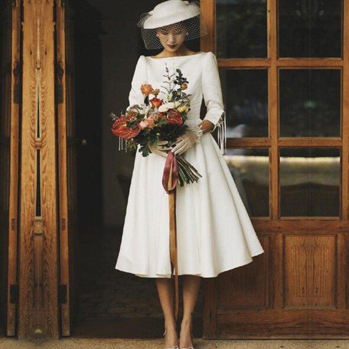 韓国ファッション前撮り 発表会 小さいサイズ ミモレ丈 二次会 ウェディグドレス 長袖 演奏会 白 大きいサイズ パーティドレス ドレス 結婚式 ワンピース 安い 花嫁