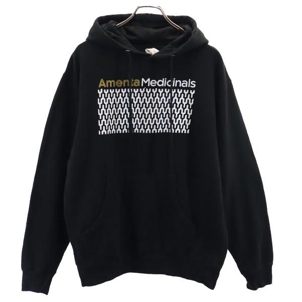 プリント 長袖 スウェットパーカー M ブラック 裏起毛 プルオーバー メンズ