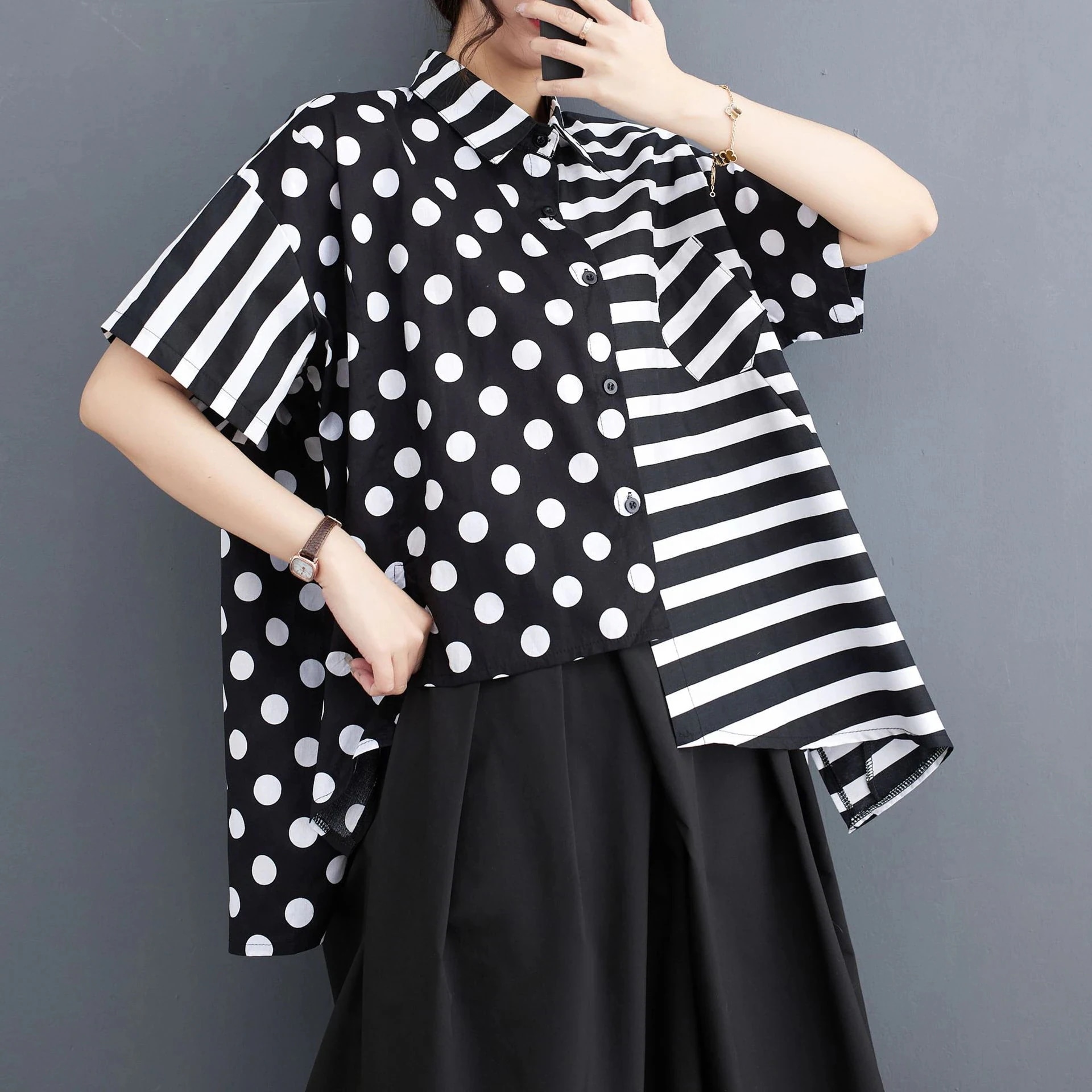 「ファットガール」 夏 大きいサイズ ボタンダウン ドット ストライプ パッチワーク 半袖シャツ 体型カバー レディース メガ割