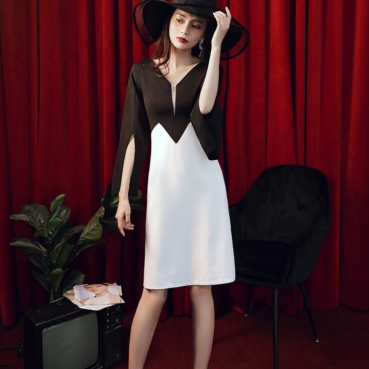 【急速出荷】パーティードレス ひざ丈 ワンピース ドレス 黒 白 バイカラー 個性的 おしゃれ 袖あり 結婚式 二次会 お呼ばれ 演奏会 発表会 フォーマル ワンピドレス タイト Vネック マント風