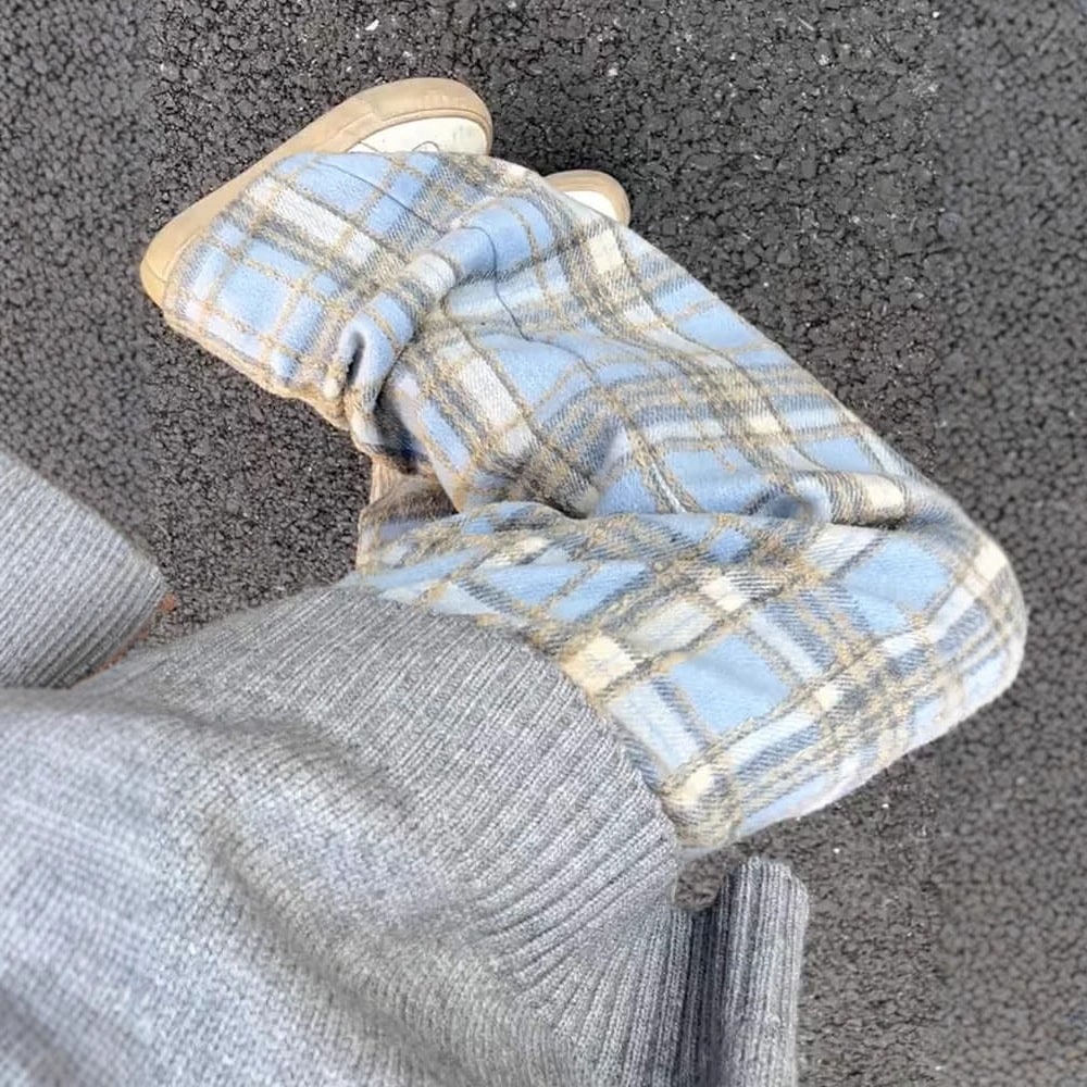 ブルーチェック柄パンツ レディース 2025 春秋 ゆったり ストレート ハイウエスト ドレープ カジュアル レトロ ウール ワイドレッグパンツ レディース