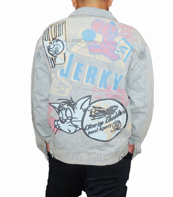 メンズ デニムジャケット ビンテージ加工 ダメージ加工 トムとジェリー ペイント アウター 春物 秋物 ジージャン Gジャン