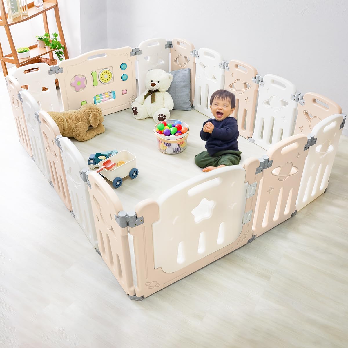 WEIMALL ベビーサークル 折りたたみ 大きめ ベビーフェンス 扉付き 16枚セット 150cm×190cm おもちゃパネル付き ドアロック付き 簡単組立 出産祝い プレゼント