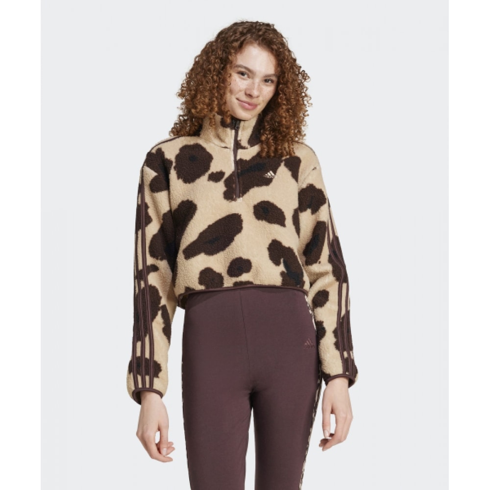 アディダスアニマルプリントフリースクロップドハーフジップトップ-ベージュ:ブラウン/IX3719