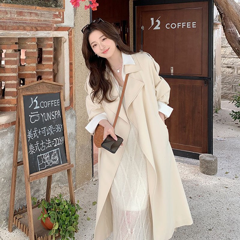 春と秋の新作ミドル丈の膝丈ウィンドブレーカースタイリッシュでカジュアル小柄で万能なベージュのコート