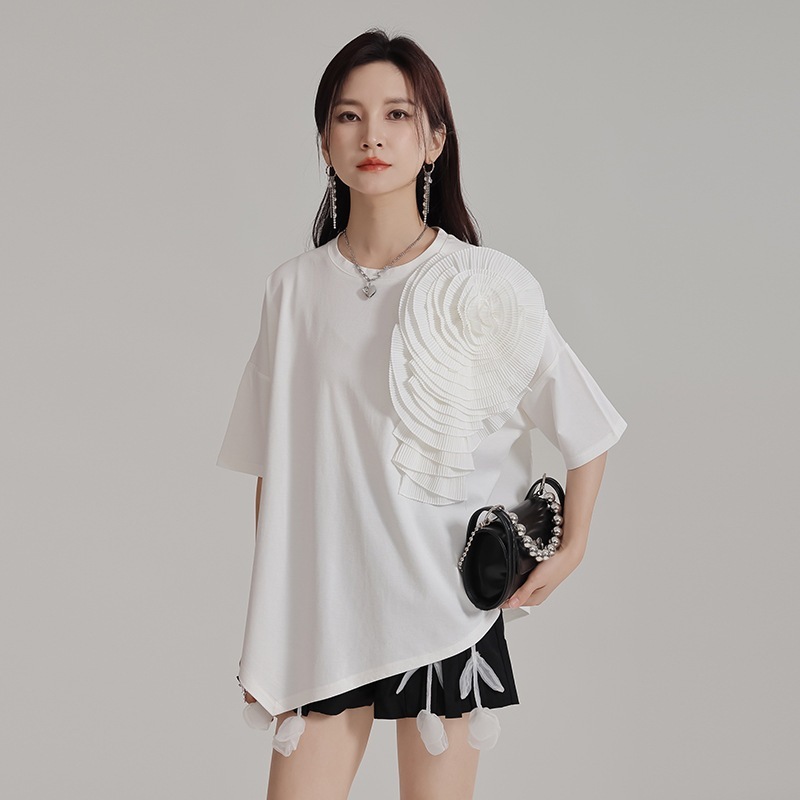 百ひだ立体花半袖tシャツ2025夏の新型不規則でゆるい丸襟上着女