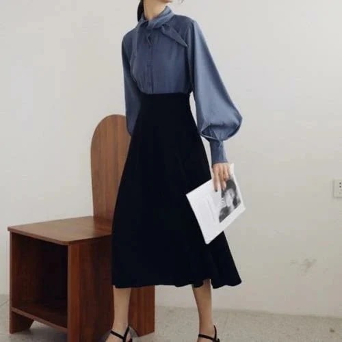 【急速出荷 2025年新作】セットアップ 2点セット ツーピース 無地 春 秋 冬 長袖 ロング おしゃれ 可愛い シフォンブラウス シャツ 三角襟 バルーン袖 ボリューム袖 リボンタイ サロペットワ