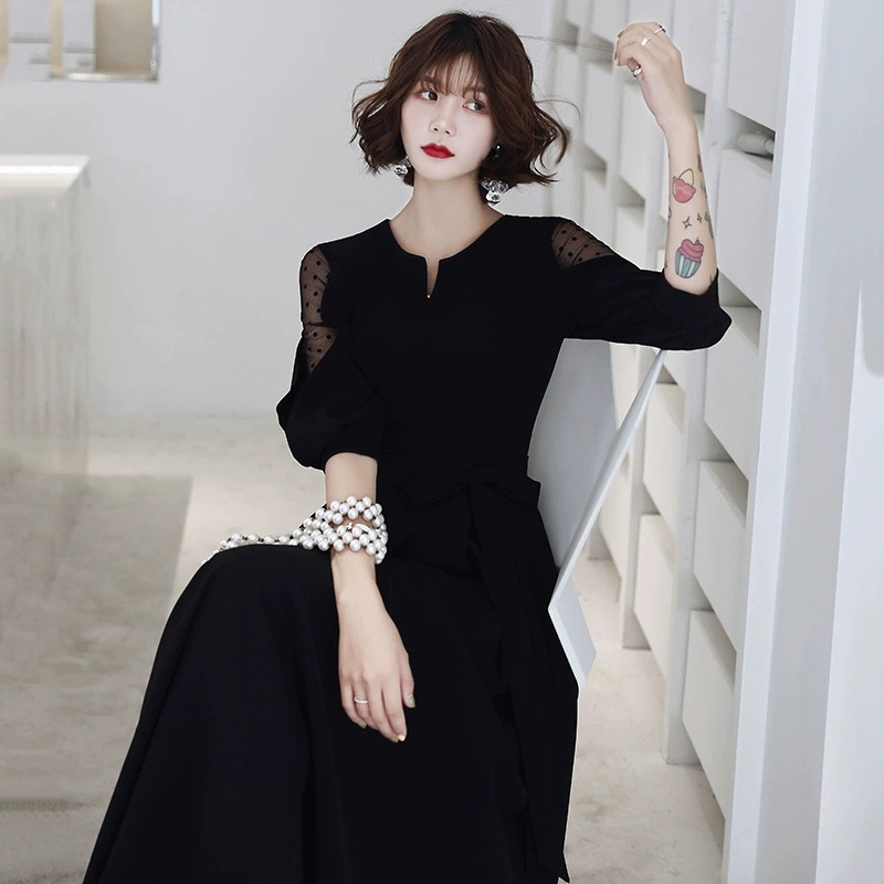 ロングドレス ブラック イブニングドレス レディース 新作 パーティー用 エレガント 無地 年次総会ドレス 上品 着痩せ