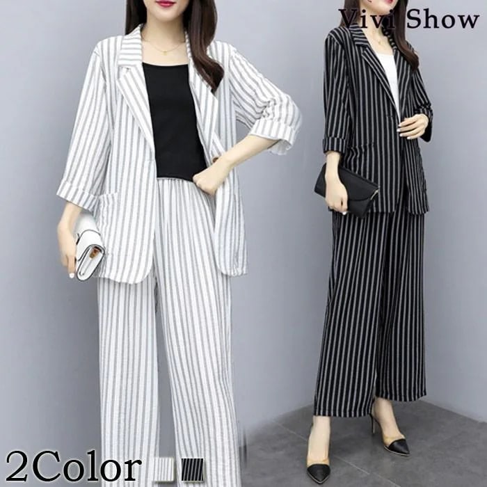 [新品入荷]セットアップ ジャケット ワイドパンツ レディース パンツスーツ ストライプ ゆったり カジュア スーツ 通勤 新作