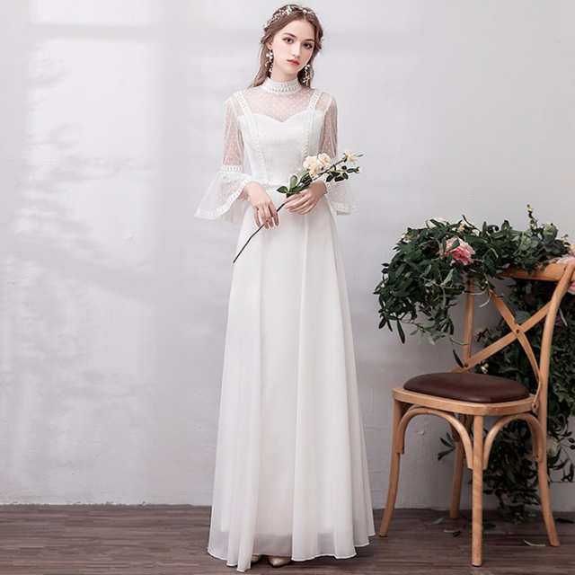 ウェディングドレス ロング丈 二次会 長袖 二次会 ウエディングドレス 花嫁 二次会 ドレス 結婚式 エンパイア コンサート 演奏会 ワンピ