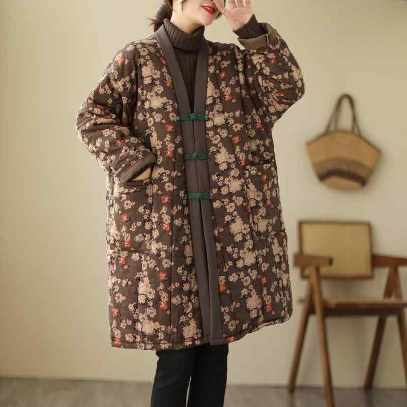 秋服 レディース ファッション オシャレ カワイイ シンプル 大人カワイイ 大きいサイズ レトロ ク バックル キルティング 花柄 コットン コート ミドル丈 暖かい コットンコート