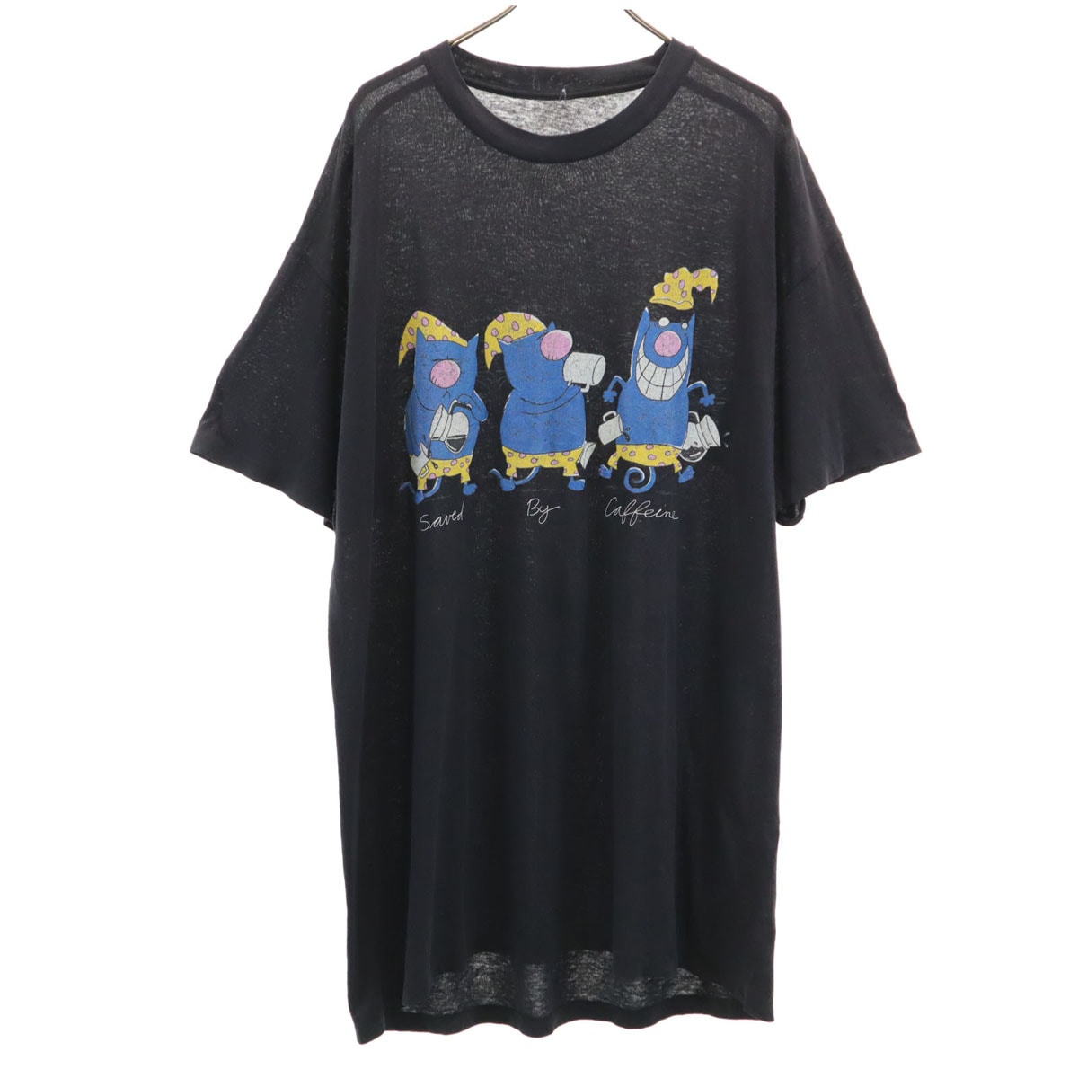 VINTAGE ヴィンテージ 80s アニマル柄 キャット 半袖 ロング Tシャツ ブラック シングルステッチ 猫 メンズ 古着