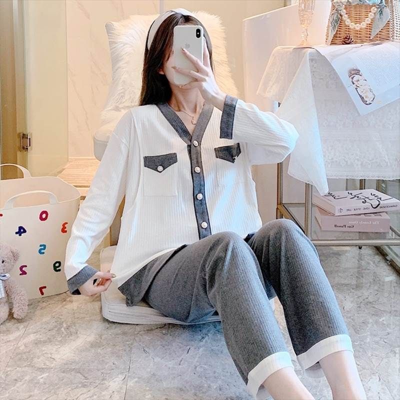 ルームウェア パジャマ レディース 上下セット マタニティ ママ 授乳口 パンツ パールボタン リブ 白 グレー 無地 バイカラー モノトーン 薄手 春 秋 部屋着 寝巻き ママ 女の子 トリム 長袖