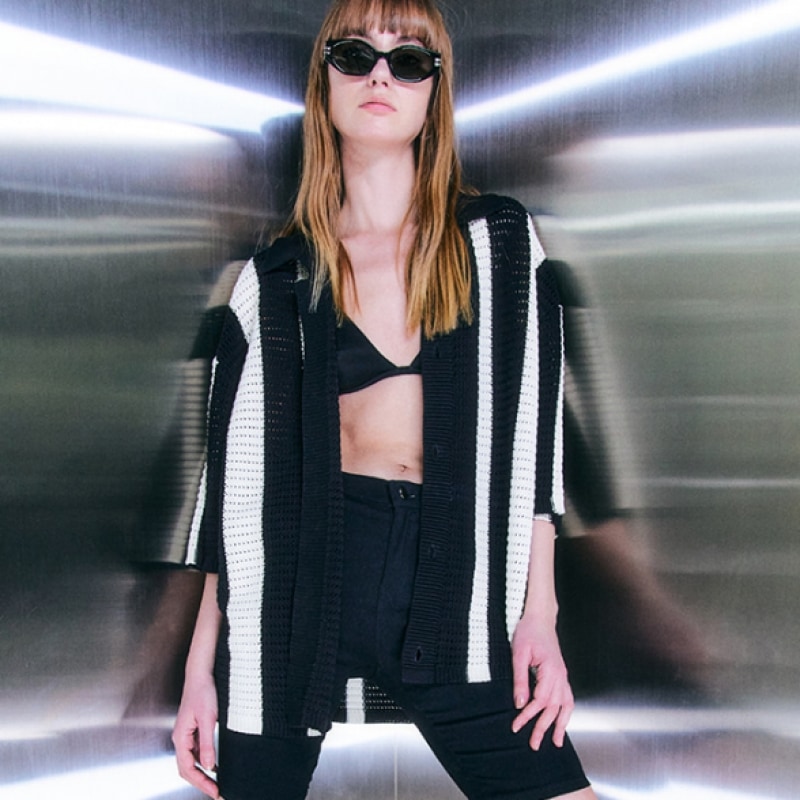 ファレット (返品無料) かぎ針編みストライプニットカーディガン (ブラック) 8,559円