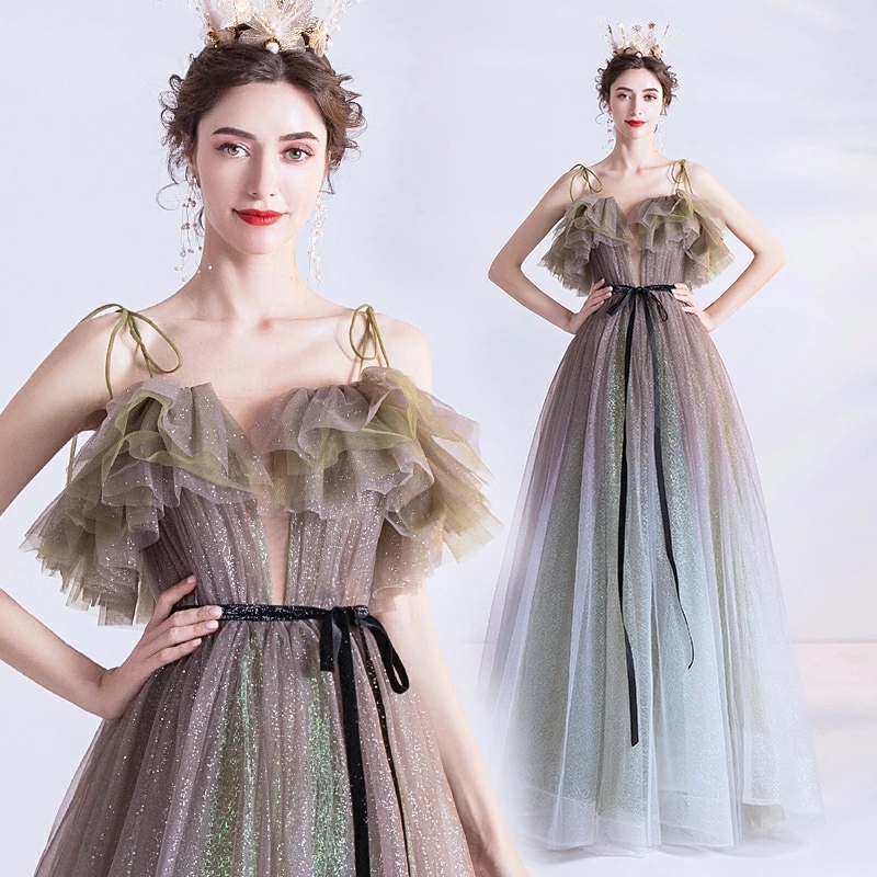 カラードレス 編み上げタイプ 前撮りドレス 花嫁 イブニングドレス ノースリーブ 豪華ドレス 撮影 ロングドレス 二次会 結婚式 発表会 演奏会 ステージ 衣装 吊りスカート Aラインドレス ブライト