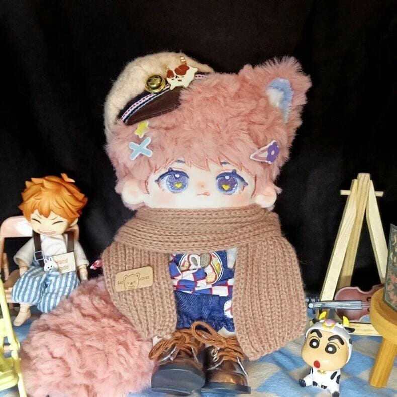 【20cm】着せ替えぬいぐるみ 着せ替え人形 ぬいぐるみ 綿人形 可愛い 桃色髪紫目の狐少年 目の中に黄色の心付き 耳付き しっぽ付き スケルトン付き可能 ふわふわ コットンドール