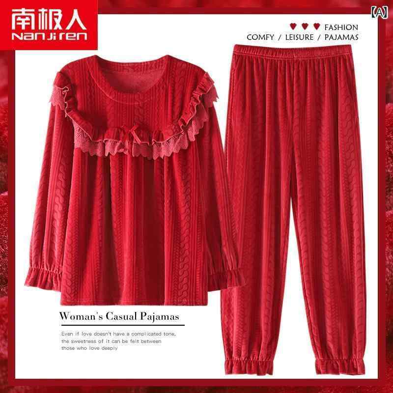 秋 冬 春 パジャマ ナイトウェア ルームウェア 女性用 アイランド ベルベット サンゴ ベルベット 肥厚 ベルベット 薄い ホーム 服 明るい 赤