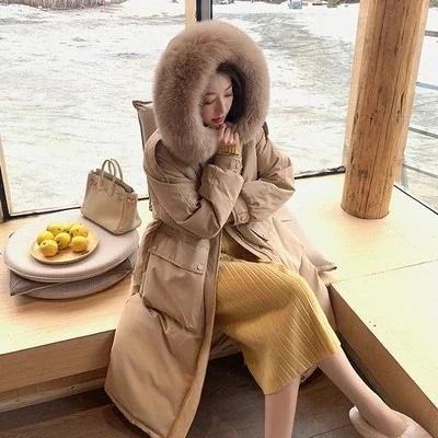 新入荷！ 白 アヒルの绒 2024 新型 冬服 女性の中 长款 大 毛襟 ひざ越し 厚手 外套