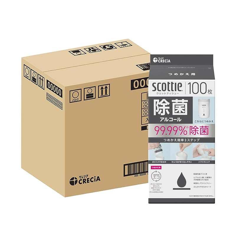 【ハーフケース品】 スコッティ ウェットティシュー 除菌 アルコールタイプ 100枚 詰替 ×12入り