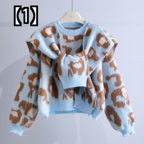 ヒョウ柄 ニット セーター レディース レオパード トップス ショート 秋冬 ショール 青 白