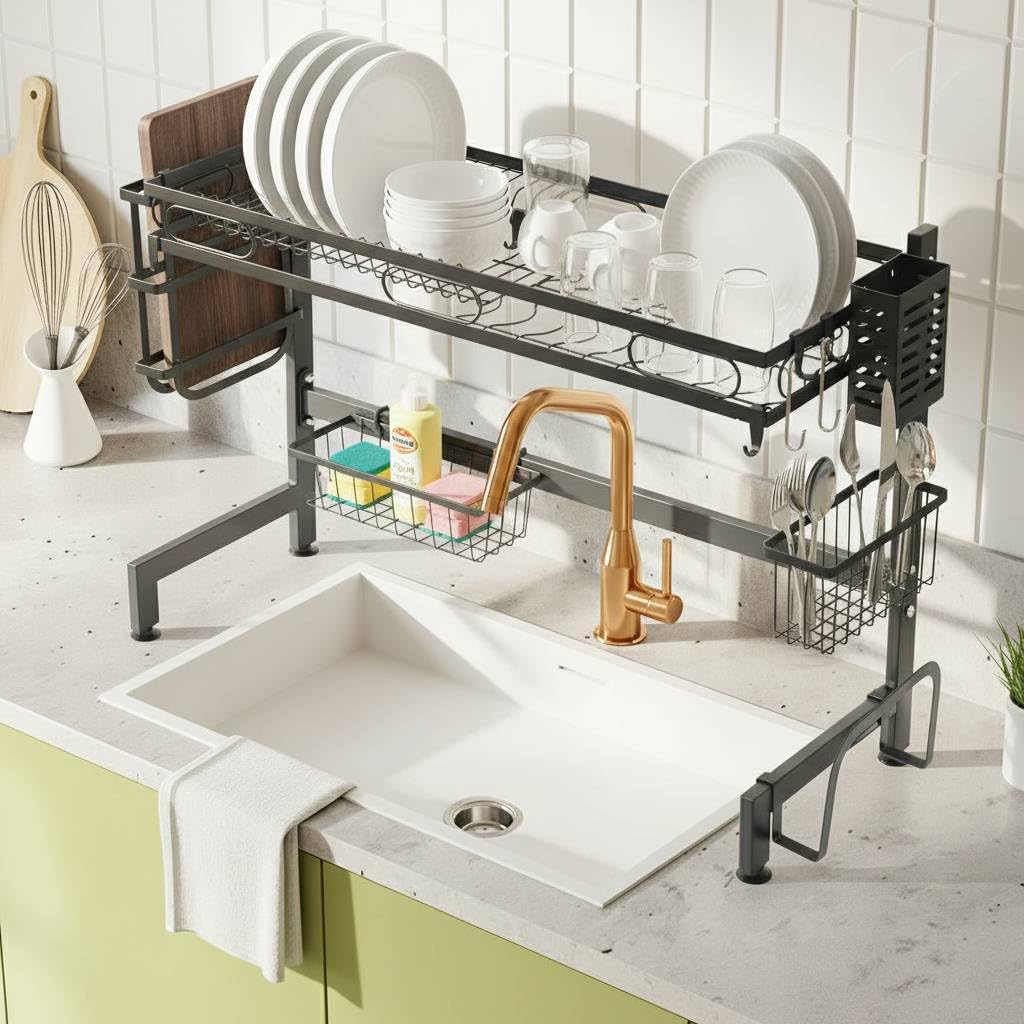 iimono117 水切りラック シンク上 2段 【幅64.5cm ～ 95cm】 スリム 2段式水切りかご キッチン収納 大容量 滑り止め 省スペース 箸収納 まな板立て ステンレス製 食器収納 (