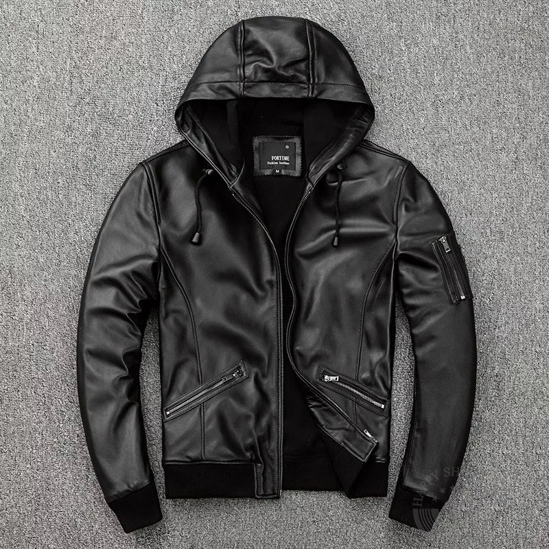 革ジャンレザージャケットメンズ本革バイクライダース羊革シングルショートスリムタイプ細身フード付きブランドジャケットミリタリー