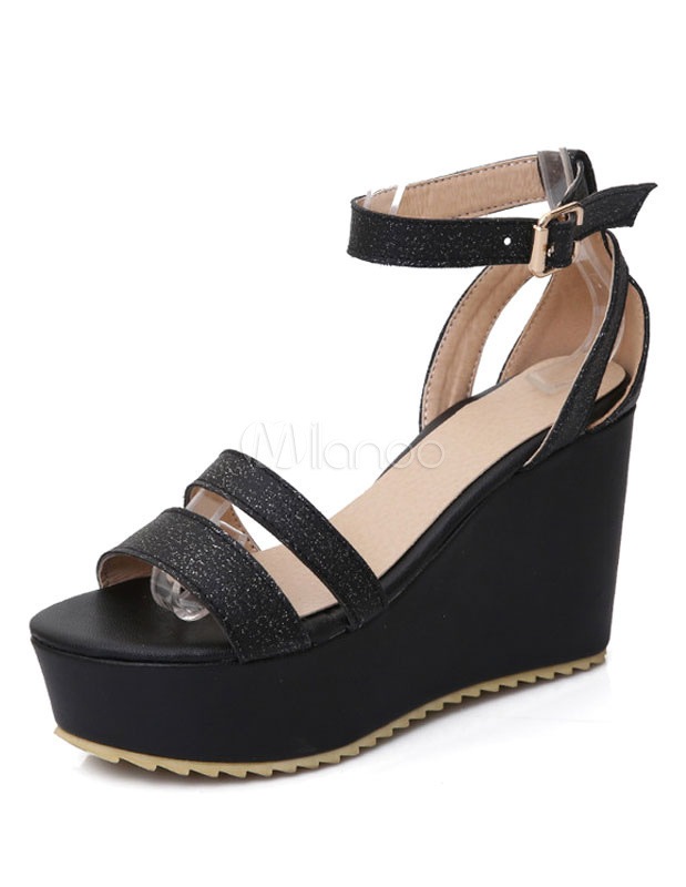 女性のためのブラックグリッターウェッジサンダル