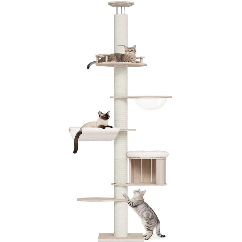 OROPY キャットタワー 突っ張り 木製 スリム 宇宙船ハンモック付き 多頭飼い 猫タワー 省スペース 運動不足解消 隠れ家 12cm極太爪とぎポスト 全綿縄巻き キャットツリー 220-271cm