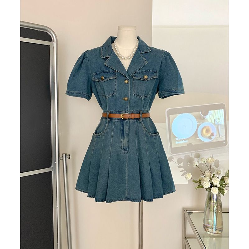 韓国レトロポロカラーデニムワンピースレディース夏服ウエスト痩身半袖プリーツスカートデザインスカート