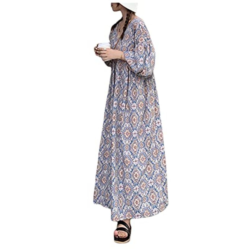 グリーンティー ワンピース ロング 七分袖 レトロ 早割クーポン 花柄 Vネック 幾何学 模様 ボリューム 袖 マ