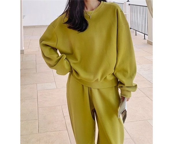 二点セット 上下セット ツーピース レディース トップス パンツ プルオーバー スウェット 部屋着 セットアップ スポーツウェア フルレングス 長袖 ラウンドネック シンプル カジュアル おしゃれ