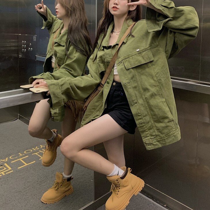 サイズ豊富 ルーズフィット レディース ジャケット アウター 上着 デニムジャケット Gジャン ミディアム丈 チュニック丈 長袖 ドロップショルダー 萌袖 襟付き オーバーサイズ ポケット 前開き