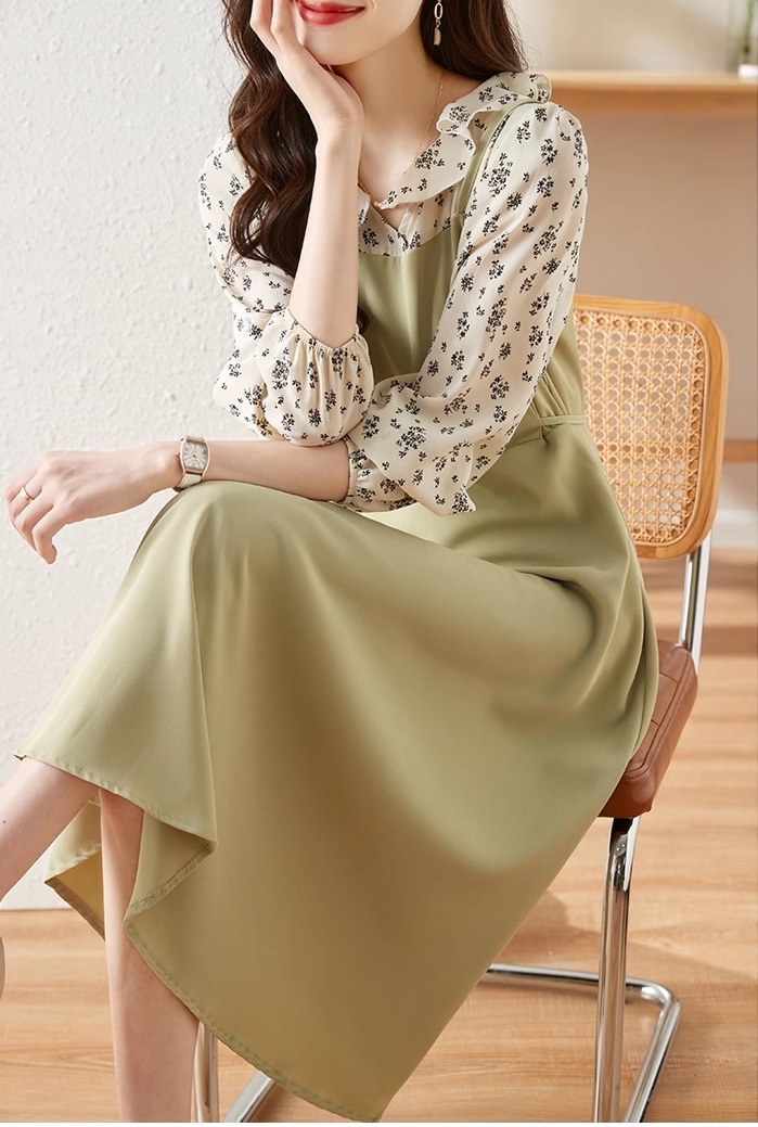 ドレス 春 長袖 ハイエンド セレブ スタイル フレンチ 花柄 ドレス 個性的 ワンピース 膝下 袖あり 7分袖 七分袖 襟付き きれいめ シンプル 大人 上品 おしゃれ お洒落 柄 春 夏 秋 冬