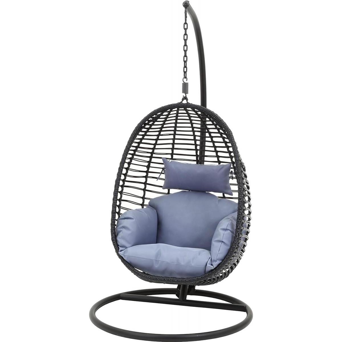 【I】不二貿易 ハンギングチェア 16003 ブラック 吊り下げ式 クッション付き 卵形 ゆらゆら 椅子 チェア