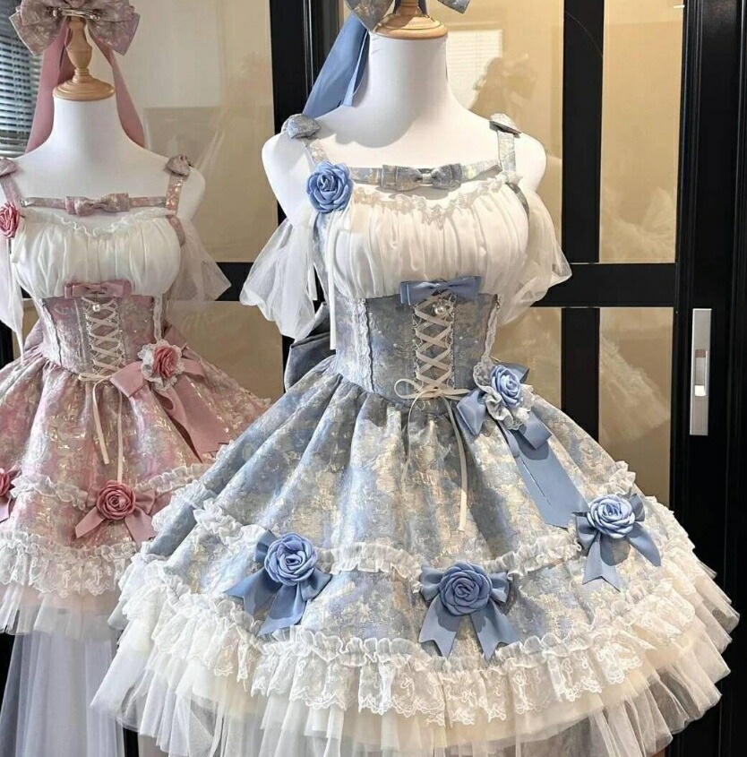 ワンピース ゴスロリ ロリータワンピース ジャンパースカート ミドル丈 膝丈 お姫系 ロリータドレス 可愛い 裾フリル フラワー付き蝶リボン レース チュール ロリータ服 レディース 大人