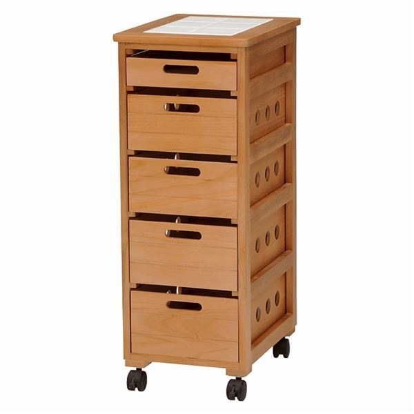 ストッカー（キッチンワゴン/キッチン収納） 幅30cm スリム 木製 キャスター付き タイル天板（ナチュラル）