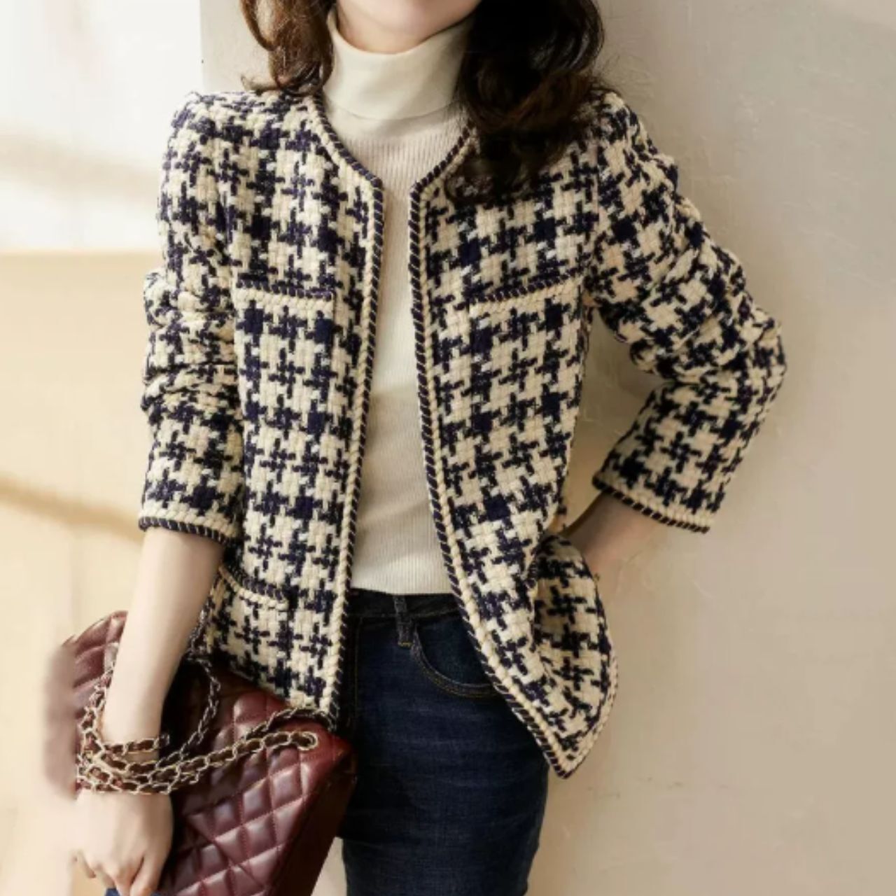 ジャケット レディース アウター ノーカラージャケット ミドル丈 長袖 襟なし ツイード 大人可愛い きれいめ 上品 おしゃれ レトロ エレガント フォーマル キュート 都会的 ラグジュアリー 格子柄