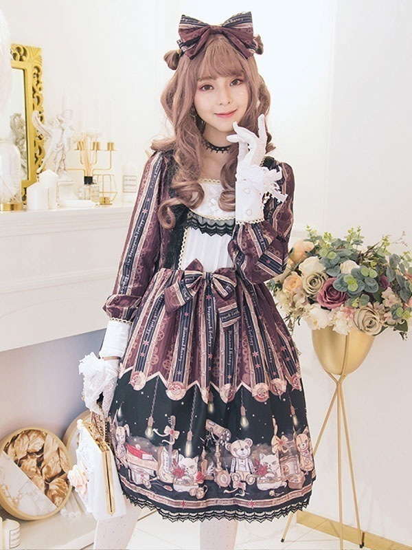 【即納 激安販売】クラシックロリータOPドレスプリントボウレーストリムブラックロリータワンピースドレス