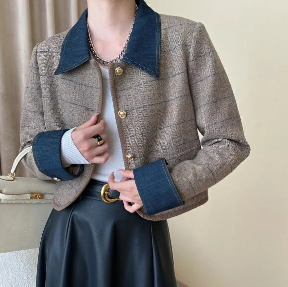 polo風 ジャケット レディース 春秋新作 カジュアル ツイードジャケット フォーマルジャケット スプリングコート ボーダー柄 ボタン シングルジャケット 長袖 パーティー 結婚式 二次会 結婚式