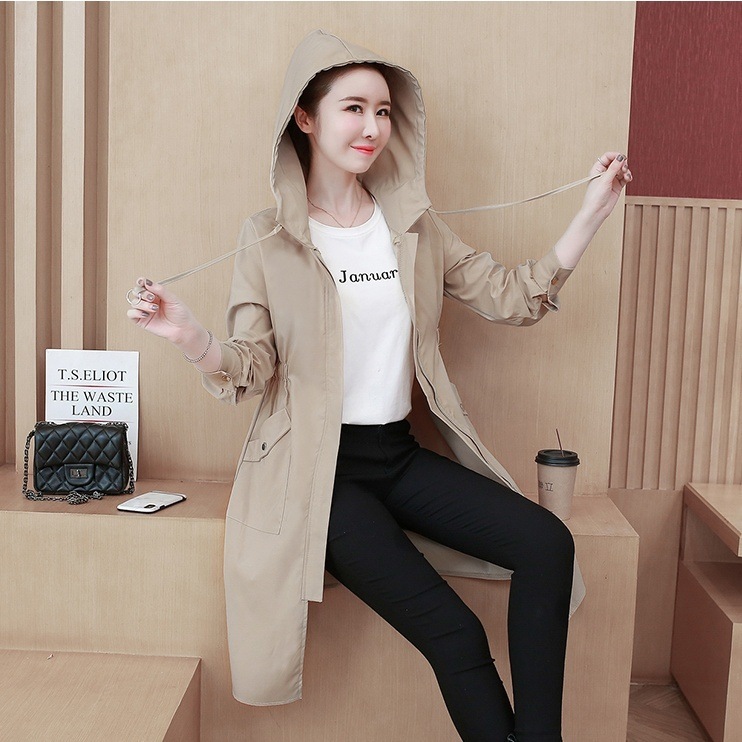 ライトジャケット アウター ジャケット スプリングコート 膝丈 ひざ丈 ミディアム丈 半端丈 長袖 ストレート Aライン ギャザー スリット サイドスリット フード付き ファスナー ポケット 前開き