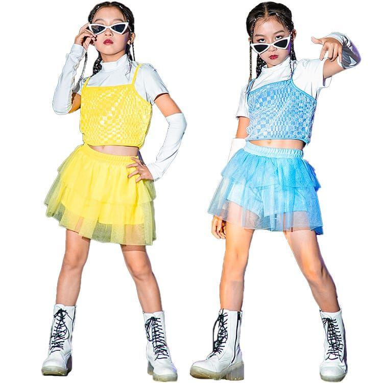 大 スパンコール キッズダンス衣装 女の子 イエロー ブルー キラキラ スパンコール セットアップ チアダンス へそ出し スカート ヒップホップ 可愛い ステージ