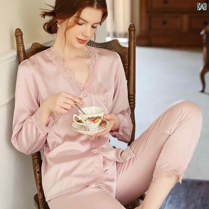 パジャマ レディース ルームウェア 春夏秋 レース 長袖 セットアップ スーツ ピンク グリーン レッド 7,322円